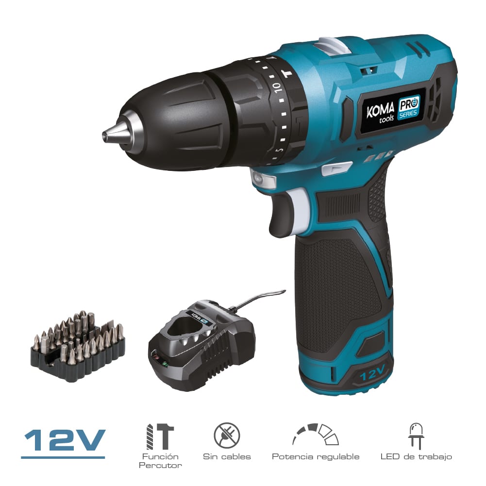 KIT MALETÍN TALADRO PERCUTOR 12 V CON ACCESORIOS, BATERIA Y CARGADOR