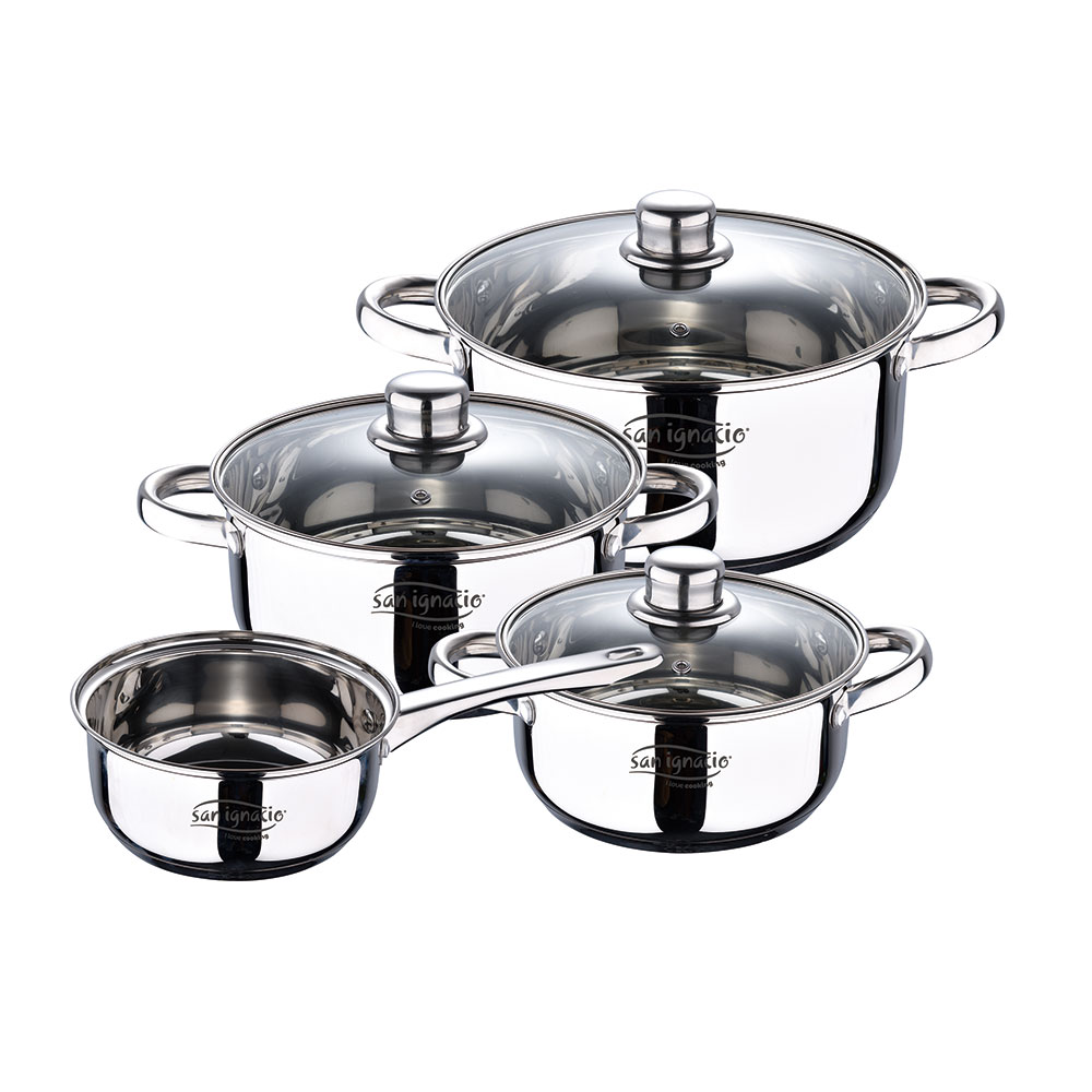 BATERIA 7 PIEZAS DE ACERO INOX IND CASSEL: CAZO Ø16 cm /  CACEROLA CON TAPA Ø18 cm / CACEROLA CON TAPA Ø20 cm / CACEROLA CON TAPA Ø24 cm