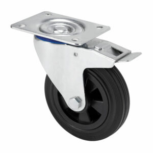 RUEDA GIRATORIA DE GOMA NATURAL CON PLACA, EJE LISO Y FRENO, COLOR NEGRO, CARGA MÁX. 80 kg, Ø 10 cm