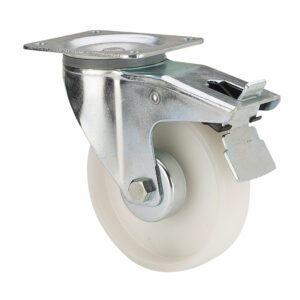 RUEDA GIRATORIA DE POLIAMIX CON PLACA, EJE LISO Y FRENO, COLOR BLANCO, CARGA MÁX.170 kg, Ø 12,5 cm