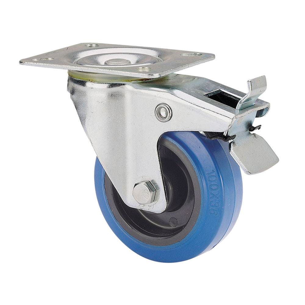RUEDA GIRATORIA DE GOMA CON PLACA, EJE DE RODILLOS Y FRENO, COLOR AZUL, CARGA MÁX. 100 kg, Ø 10 cm