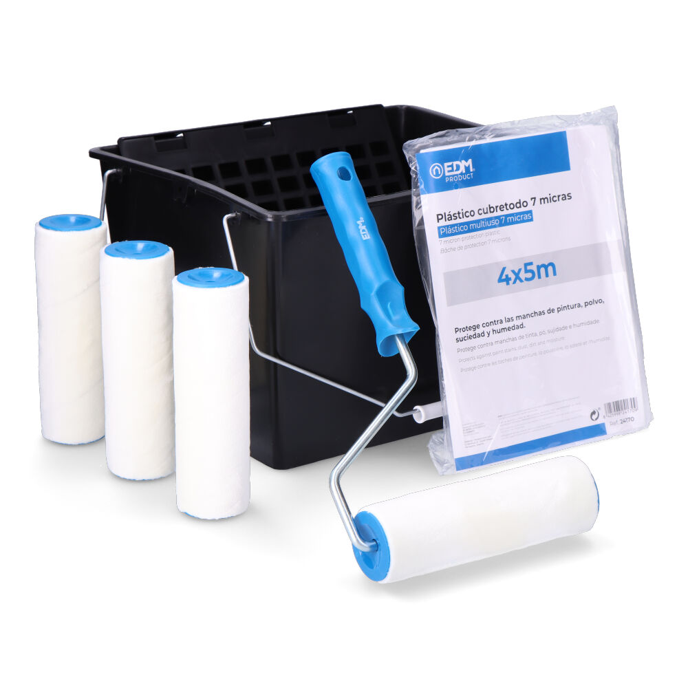 CONJUNTO PROMOCIONAL RODILLO + CUBO + RECAMBIOS 3 UNIDADES + PLÁSTICO CUBRETODO