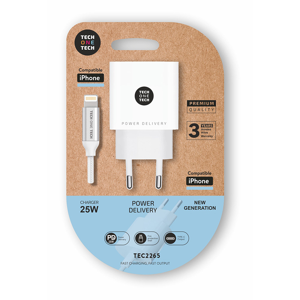 CARGADOR 25 W ULTRARRÁPIDO PD + CABLE NYLON LIGTHNING BLANCO 1 m